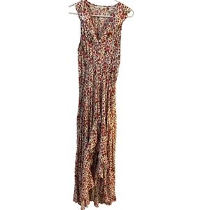 LABEL OF LOVE Floral‎ Maxi Dress Ruffle Tiered V Neck Button Front Cream Red M
